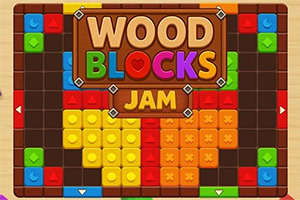 Renkli bloklarla dolu bir bulmaca tahtasının üzerinde WOOD BLOCKS JAM yazan başlık ve kalp simgesi bulunan oyun ekranı