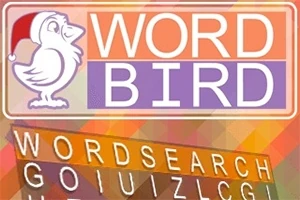 Kırmızı şapka takmış bir kuş figürü ve WORD BIRD yazısı bulunan bir pano üzerinde renkli bir arka plan