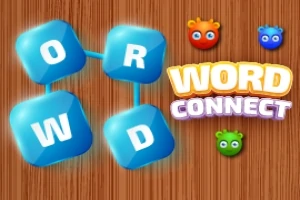 Mavi bloklar ve üç renkli yaratıkla ahşap arka planda Word Connect yazısı