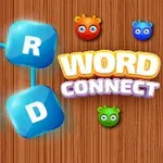Mavi bloklar ve üç renkli yaratıkla ahşap arka planda Word Connect yazısı