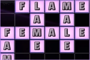 Mor kutucuklar üzerinde FLAME ve FEMALE kelimelerinin yer aldığı bir bulmaca görüntüsü