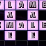 Mor kutucuklar üzerinde FLAME ve FEMALE kelimelerinin yer aldığı bir bulmaca görüntüsü