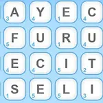 Mavi bir arka plan üzerinde farklı harfler ve küçük sayılardan oluşan 4x5 kare ızgara