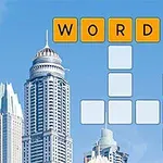 Gökyüzü arka planında gökdelenler ve içi boş bir çapraz bulmaca panosunun üzerinde WORD yazan sarı kareler