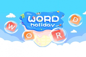 Bulutların üzerinde WORD holiday yazısı ve etrafında baloncuklar içinde renkli harfler bulunan bir sahne