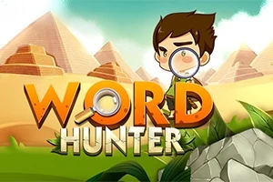 Kahverengi saçlı bir karakterin, büyüteçle piramitler önünde durduğu ve çevresinde WORD HUNTER yazısının bulunduğu çizim