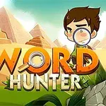 Kahverengi saçlı bir karakterin, büyüteçle piramitler önünde durduğu ve çevresinde WORD HUNTER yazısının bulunduğu çizim