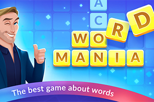 Mavi arka planda gülümseyen bir adam ve üzerinde WORD MANIA yazan sarı blok harfler