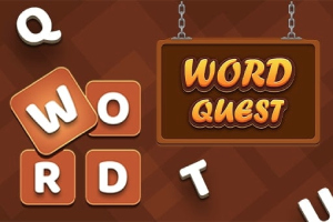 Kahverengi zemin üzerinde asılı bir tabelada WORD QUEST yazısı ve etrafa dağılmış harf blokları