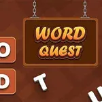 Kahverengi zemin üzerinde asılı bir tabelada WORD QUEST yazısı ve etrafa dağılmış harf blokları