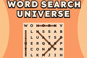 Turuncu arka planda Word Search Universe başlığı ve harflerle doldurulmuş kare kelime bulmaca ızgarası