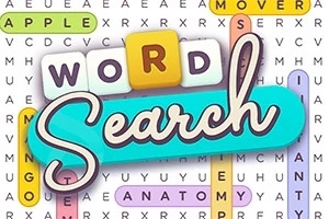 Renkli arka plan üzerinde Word Search yazısı ve etrafında vurgulanmış kelimelerden oluşan kelime bulmacası
