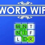 Mavi bir arka plan üzerinde büyük harflerle WORD WIPE yazısı ve altında blok hâlinde dizilmiş, içinden yeşil hat geçen harfler