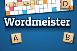 Mavi arka plan üzerinde Wordmeister kelimesi ile kelime oyun tahtası ve harf taşları