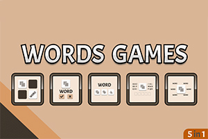 Bej arka plan üzerinde Words Games yazısı ve beş farklı kutucuk içinde kelime faaliyetlerine dair simgeler