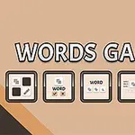 Bej arka plan üzerinde Words Games yazısı ve beş farklı kutucuk içinde kelime faaliyetlerine dair simgeler