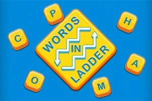 Sarı bir kare şeklinde, üzerinde WORDS IN LADDER yazan mavi oklar ile süslenmiş bir logo, etrafında C, P, H, A, M harfleri olan mavi arka plan