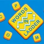 Sarı bir kare şeklinde, üzerinde WORDS IN LADDER yazan mavi oklar ile süslenmiş bir logo, etrafında C, P, H, A, M harfleri olan mavi arka plan