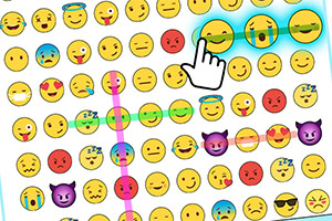 Çeşitli ifadeleri olan emojilerin bulunduğu bir ızgara, bazıları renkli çizgilerle vurgulanmış ve bir el imleci belirli bir emojiyi işaret ediyor
