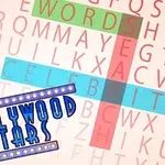 Kelime bulmacasında WORDS ve SEA kelimeleri renkli olarak vurgulanmış, sol altta mavi yazı tipiyle HOLLYWOOD STARS ifadesi yer alıyor