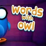 Mavi, gözlüklü bir baykuş ve yanında büyük harflerle words with owl yazısı