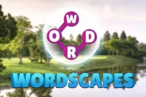 Pembe bağlantılarla birleştirilen O, W, D ve R harfleriyle çevrili bir ağaçlık alan manzarası ve ön planda mavi WORDSCAPES yazısı