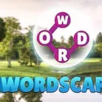 Pembe bağlantılarla birleştirilen O, W, D ve R harfleriyle çevrili bir ağaçlık alan manzarası ve ön planda mavi WORDSCAPES yazısı
