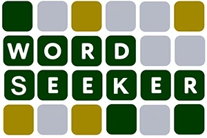 Yeşil, gri ve altın renkli kareler üzerinde WORD SEEKER yazısı