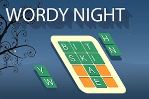 Karanlık bir arka plan üzerinde Wordy Night yazısı ve renkli karelerin olduğu bir bulmaca
