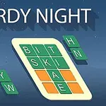 Karanlık bir arka plan üzerinde Wordy Night yazısı ve renkli karelerin olduğu bir bulmaca