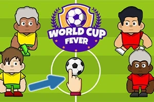 Yeşil bir futbol sahasında çizgi karakter futbolcular, ortada bir futbol topu ve üzerinde World Cup Fever yazan bir logo