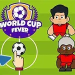 Yeşil bir futbol sahasında çizgi karakter futbolcular, ortada bir futbol topu ve üzerinde World Cup Fever yazan bir logo