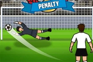 Kaleci, kaleye doğru gelen bir topa doğru uzanırken; futbolcu penaltı noktasında duruyor