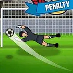 Kaleci, kaleye doğru gelen bir topa doğru uzanırken; futbolcu penaltı noktasında duruyor