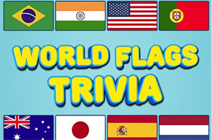 World Flags Trivia yazısı ve çevresinde Brezilya, Hindistan, ABD, Portekiz, Avustralya, Japonya, İspanya ve Hollanda bayrakları