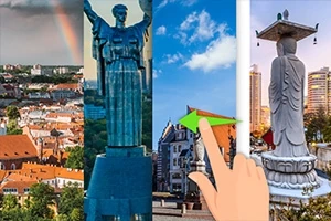 Dört farklı şehir manzarası ve heykel görüntülerinin bölünmüş bir şekilde yer aldığı görüntü, ön planda bir el figürüyle tamamlanıyor
