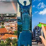 Dört farklı şehir manzarası ve heykel görüntülerinin bölünmüş bir şekilde yer aldığı görüntü, ön planda bir el figürüyle tamamlanıyor