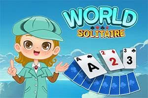 Çizgi film tarzında şapkalı bir karakterin yanında iskambil kartları ve WORLD SOLITAIRE yazısı