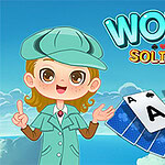 Çizgi film tarzında şapkalı bir karakterin yanında iskambil kartları ve WORLD SOLITAIRE yazısı