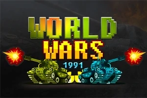 Piksel stiliyle tasarlanmış WORLD WARS 1991 yazısı, ateş eden yeşil ve mavi tanklarla birlikte