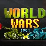 Piksel stiliyle tasarlanmış WORLD WARS 1991 yazısı, ateş eden yeşil ve mavi tanklarla birlikte