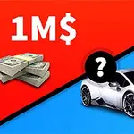 Kırmızı ve mavi ikiye bölünmüş arka planda solda 1 milyon dolar para destesi, sağda beyaz lüks bir araba ve ortada soru işareti
