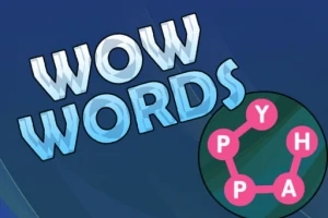 Mavi arka plan üzerinde WOW WORDS yazısı ve harflerin birbirine bağlı olduğu bir kelime bulmaca grafiği