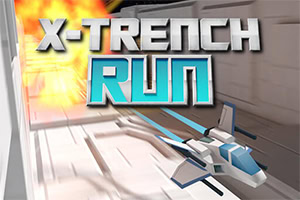 Üstünde X-Trench Run yazan bir uzay gemisi, patlama efekti eşliğinde 3D bir tünelde hızlıca ilerliyor