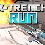 Üstünde X-Trench Run yazan bir uzay gemisi, patlama efekti eşliğinde 3D bir tünelde hızlıca ilerliyor