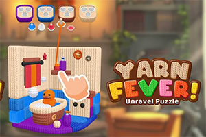 Renkli iplik ve örgü temalı bir bulmaca arayüzünde el simgesiyle yapılan dokunuşu gösteren ekran ve sağda Yarn Fever!