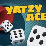 Kırmızı bir zar kutusu ve etrafa serpilmiş üç zar, arka planda ise Yatzy Aces yazısı