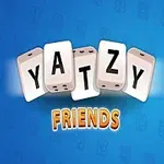 Mavi bir arka plan üzerinde büyük beyaz zar harflerle YATZY FRIENDS yazısı, sağda gülen yüz ifadesi olan bir zar ve kısmen görünen bir puan tablosu