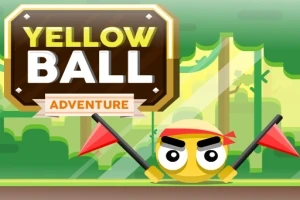 Kırmızı bayraklar tutan sarı bir top, ormanda arka planla karakterize edilmiştir, üstte Yellow Ball Adventure yazısı bulunmaktadır