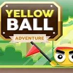 Kırmızı bayraklar tutan sarı bir top, ormanda arka planla karakterize edilmiştir, üstte Yellow Ball Adventure yazısı bulunmaktadır